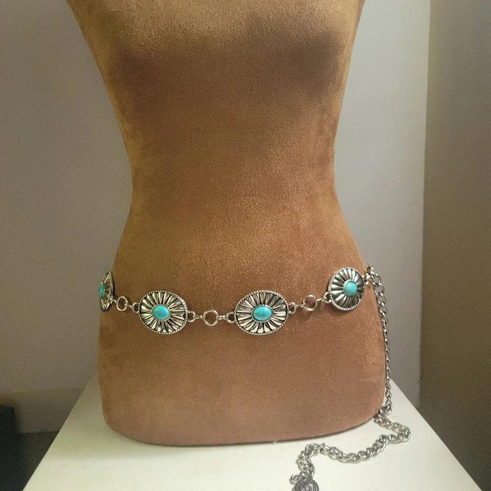 Silver Faux Turquoise Concho Chain Belt Adjustable 36 Inch Western Cowgirl